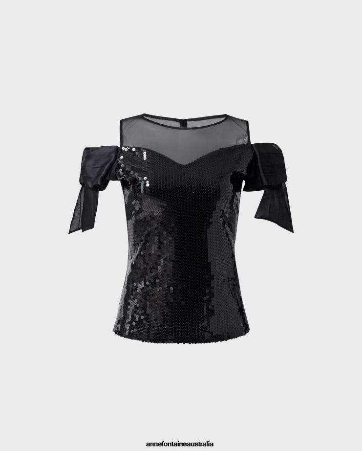 Anne Fontaine Clothing 2VZRJ283 Women Fasola Top Sequined Shirt With Sheer Yoke and Open Shoulder Black