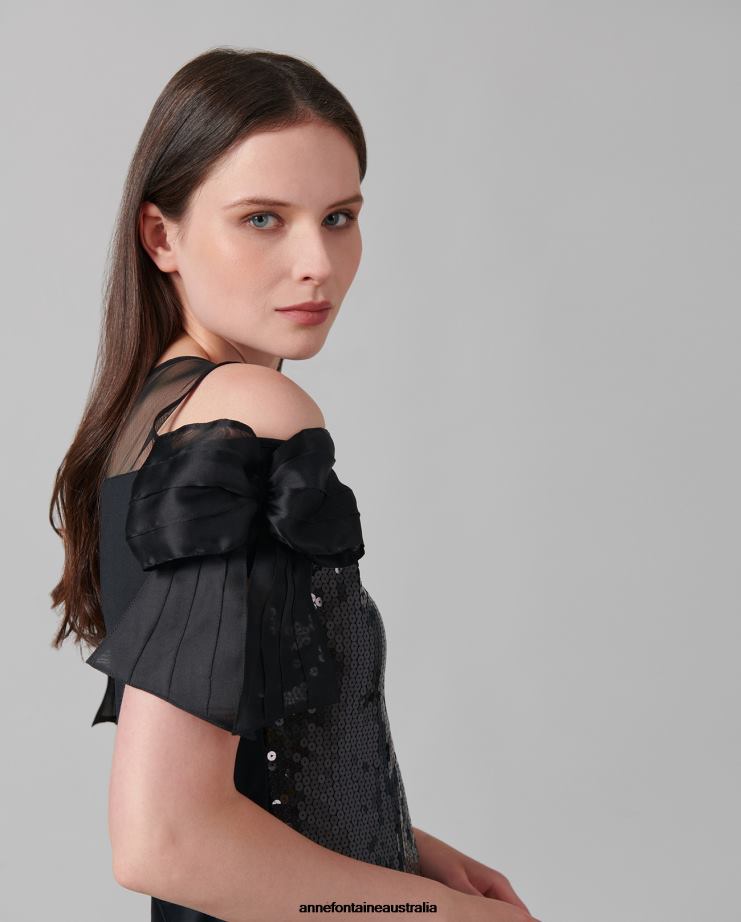 Anne Fontaine Clothing 2VZRJ283 Women Fasola Top Sequined Shirt With Sheer Yoke and Open Shoulder Black