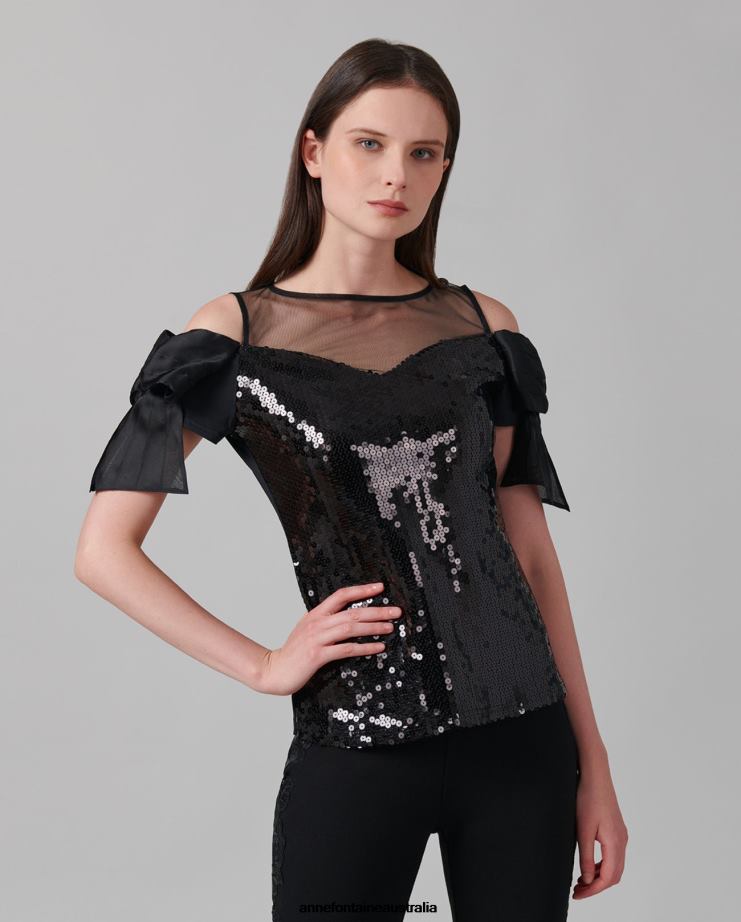 Anne Fontaine Clothing 2VZRJ283 Women Fasola Top Sequined Shirt With Sheer Yoke and Open Shoulder Black