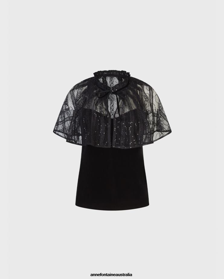 Anne Fontaine Clothing 2VZRJ285 Women Gothic Top Velvet Tank Top With an Attached Sheer Lace Cape Black