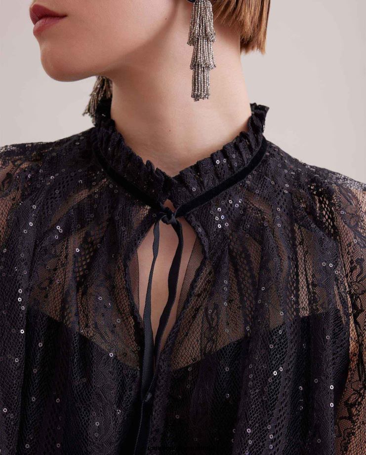 Anne Fontaine Clothing 2VZRJ285 Women Gothic Top Velvet Tank Top With an Attached Sheer Lace Cape Black