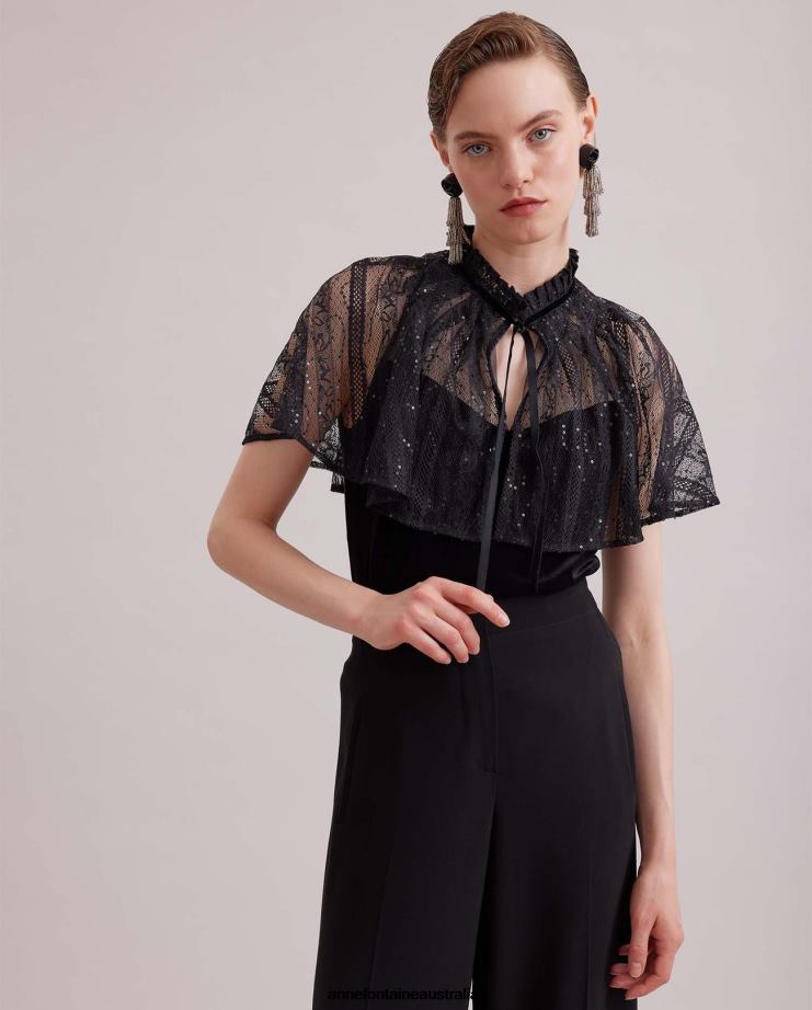 Anne Fontaine Clothing 2VZRJ285 Women Gothic Top Velvet Tank Top With an Attached Sheer Lace Cape Black