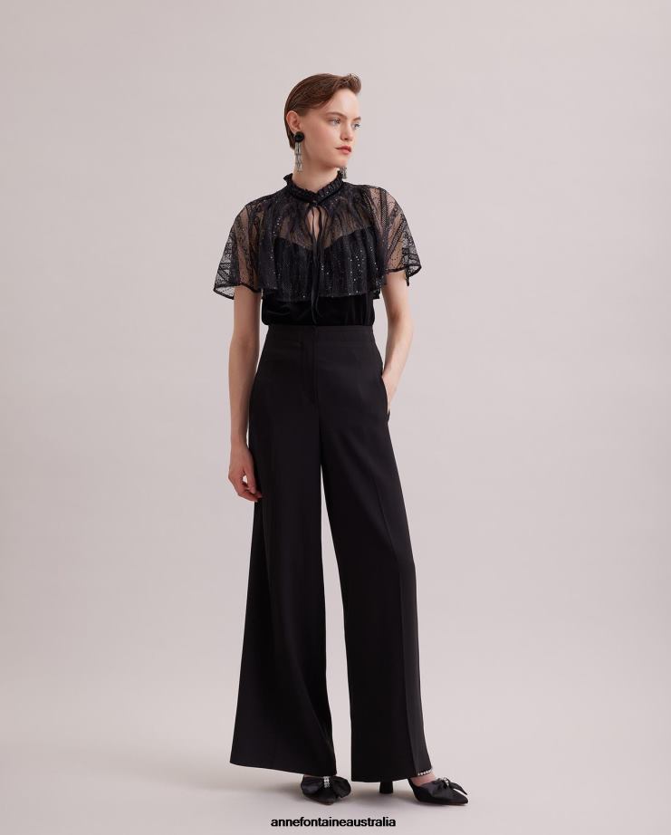 Anne Fontaine Clothing 2VZRJ285 Women Gothic Top Velvet Tank Top With an Attached Sheer Lace Cape Black