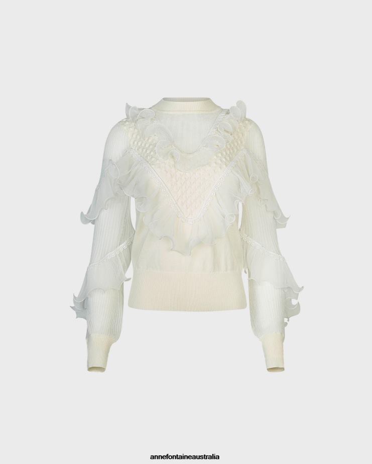 Anne Fontaine Clothing 2VZRJ288 Women Oeuvre Top Long Sleeve Knit With Sheer Details and Cascading Ruffles White