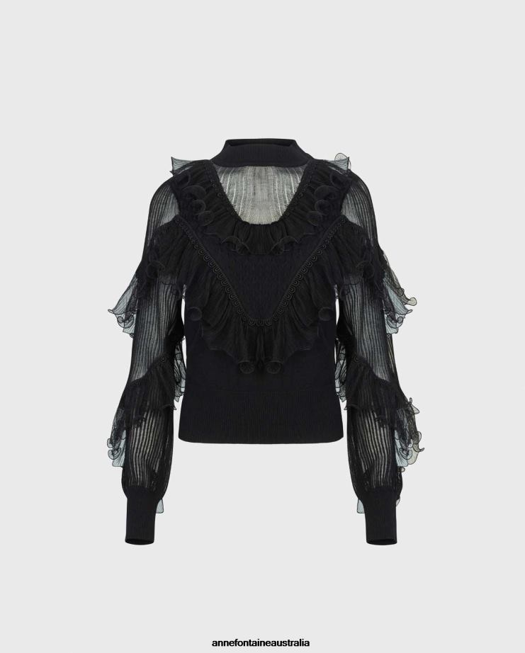 Anne Fontaine Clothing 2VZRJ289 Women Oeuvre Top Long Sleeve Knit With Sheer Details and Cascading Ruffles Black