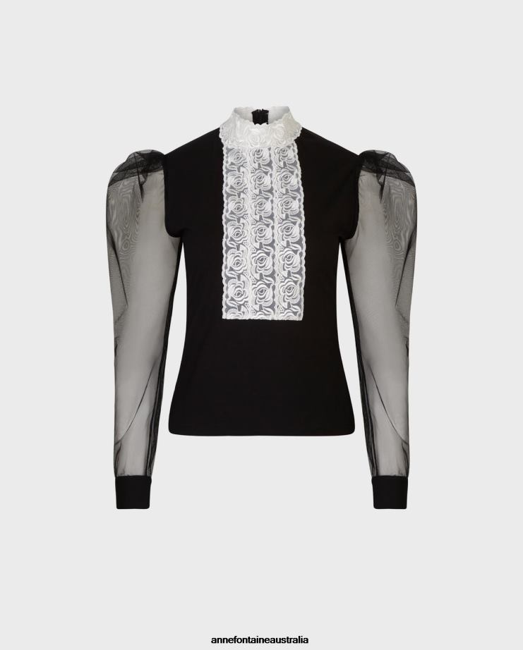 Anne Fontaine Clothing 2VZRJ290 Women Epopee Top Mock Neck Top With Center Ribbon Applique Front and Voluminous Sheer Sleeves Black