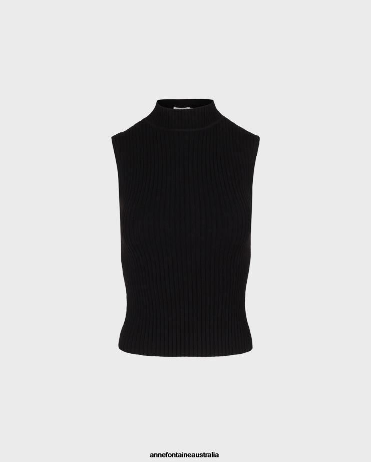 Anne Fontaine Clothing 2VZRJ292 Women Solo Top Sleeveless Knit Mockneck Turtleneck Black