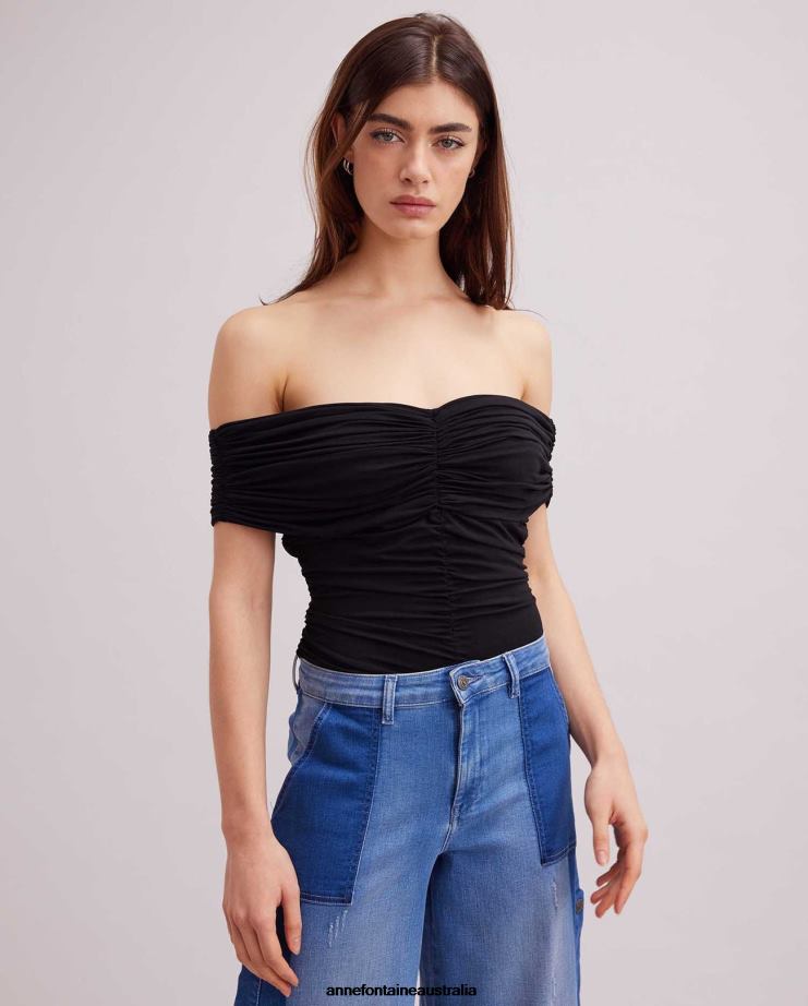 Anne Fontaine Clothing 2VZRJ294 Women Claudie Top Ruched off the Shoulder Top Black