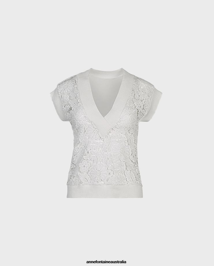 Anne Fontaine Clothing 2VZRJ295 Women Ombelle Vest Sleeveless Unlined Floral Lace Vest With Ribbed Knit Trims White