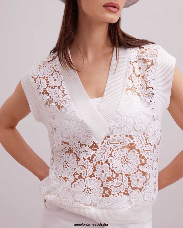 Anne Fontaine Clothing 2VZRJ295 Women Ombelle Vest Sleeveless Unlined Floral Lace Vest With Ribbed Knit Trims White