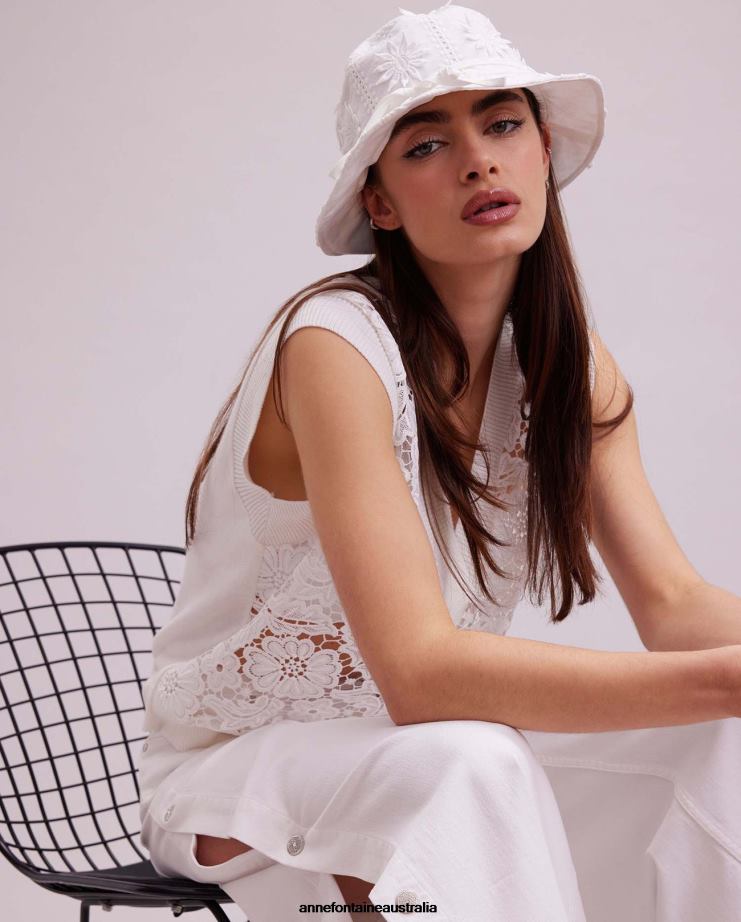 Anne Fontaine Clothing 2VZRJ295 Women Ombelle Vest Sleeveless Unlined Floral Lace Vest With Ribbed Knit Trims White