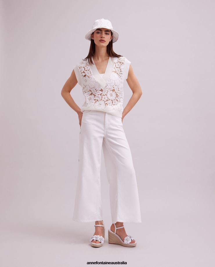 Anne Fontaine Clothing 2VZRJ295 Women Ombelle Vest Sleeveless Unlined Floral Lace Vest With Ribbed Knit Trims White