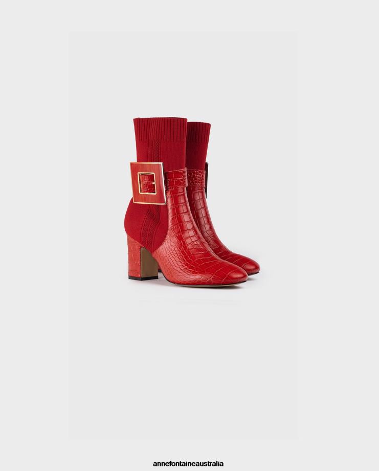 Anne Fontaine Shoes 2VZRJ11 Women Noemie Boot Sock Boots With Croc-Embossed Details and Removeable Buckle Poppy Red