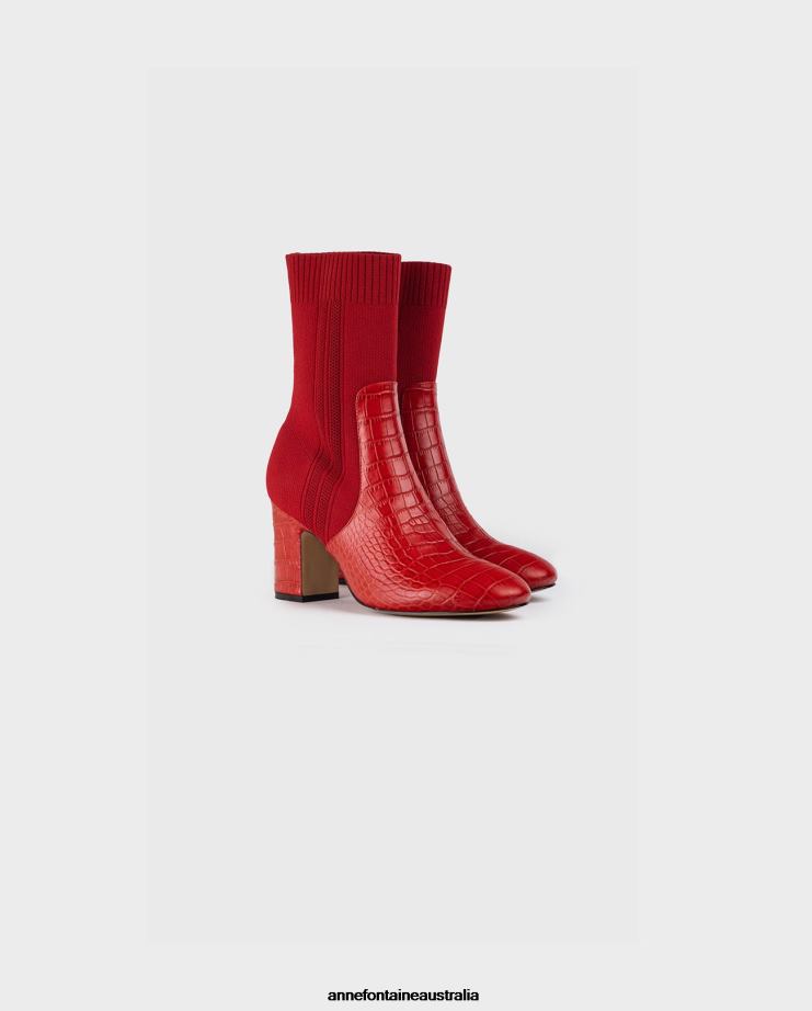 Anne Fontaine Shoes 2VZRJ11 Women Noemie Boot Sock Boots With Croc-Embossed Details and Removeable Buckle Poppy Red