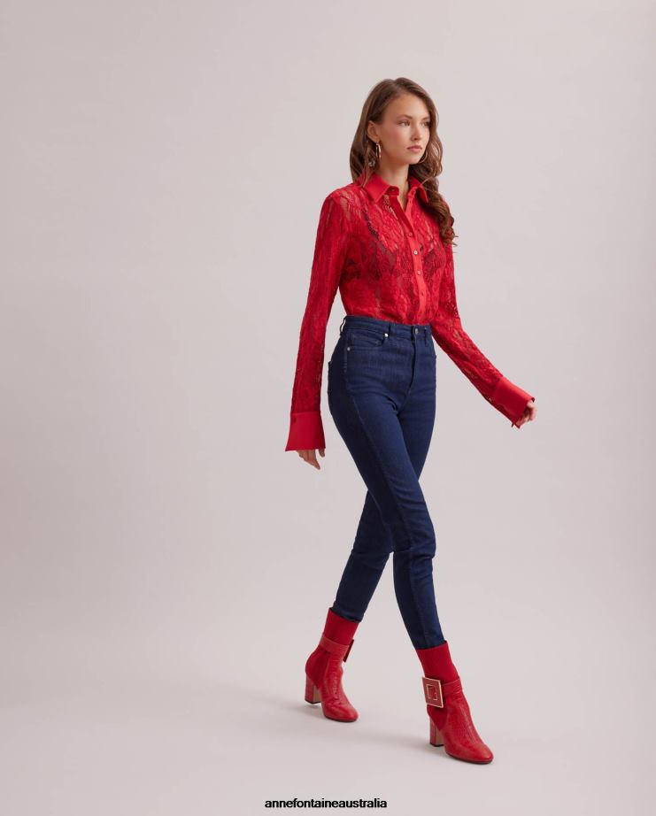 Anne Fontaine Shoes 2VZRJ11 Women Noemie Boot Sock Boots With Croc-Embossed Details and Removeable Buckle Poppy Red