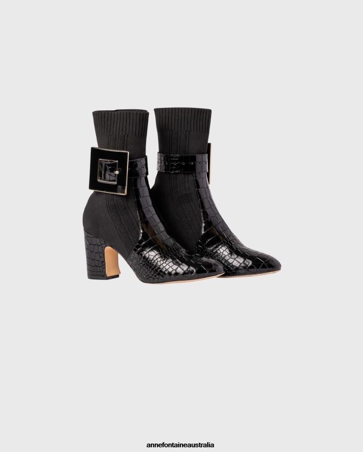 Anne Fontaine Shoes 2VZRJ12 Women Noemie Boot Sock Boots With Croc-Embossed Details and Removeable Buckle Black