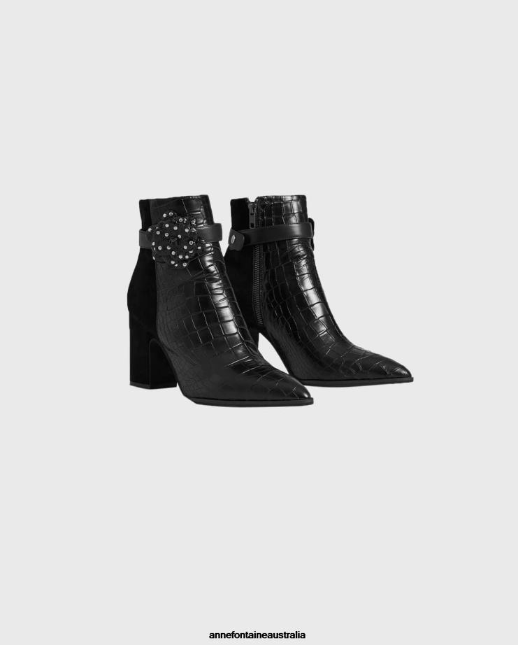 Anne Fontaine Shoes 2VZRJ15 Women Jason-Croco Boot Croc-Embossed Leather and Suede Boots Black