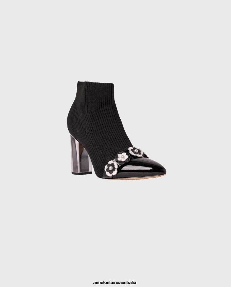 Anne Fontaine Shoes 2VZRJ16 Women Najat Boot Stretch-Knit Sock Boots Decorated With Flowers Black/White