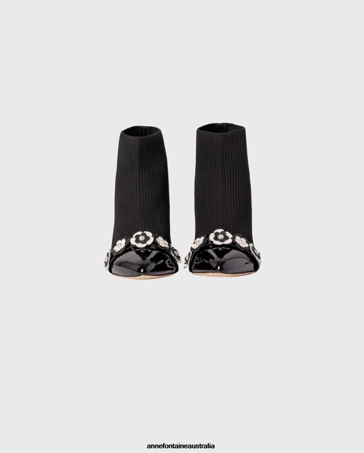 Anne Fontaine Shoes 2VZRJ16 Women Najat Boot Stretch-Knit Sock Boots Decorated With Flowers Black/White