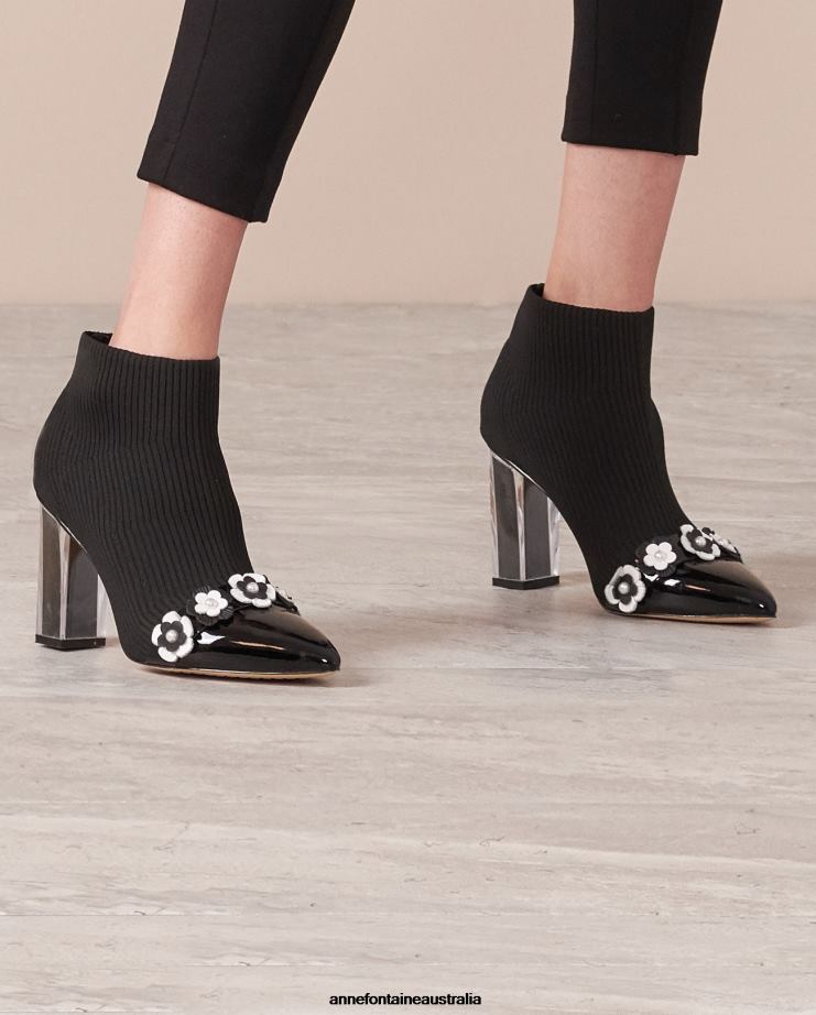 Anne Fontaine Shoes 2VZRJ16 Women Najat Boot Stretch-Knit Sock Boots Decorated With Flowers Black/White