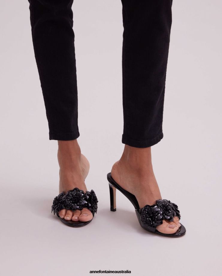Anne Fontaine Shoes 2VZRJ29 Women Camilla Heel Leather Slip on Heel With Flowers Black
