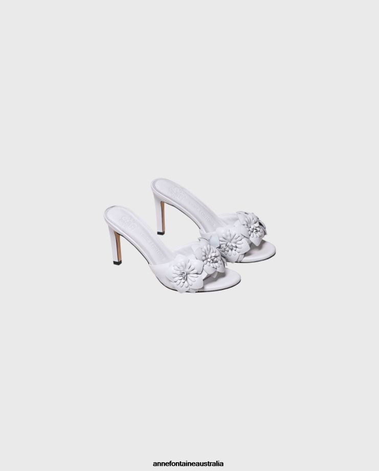 Anne Fontaine Shoes 2VZRJ32 Women Camomille Heel Leather Sandal Heels With 3D Flowers White
