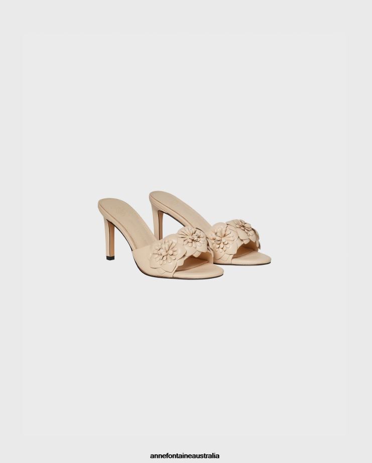 Anne Fontaine Shoes 2VZRJ33 Women Camomille Heel Leather Sandal Heels With 3D Flowers Beige/Sand