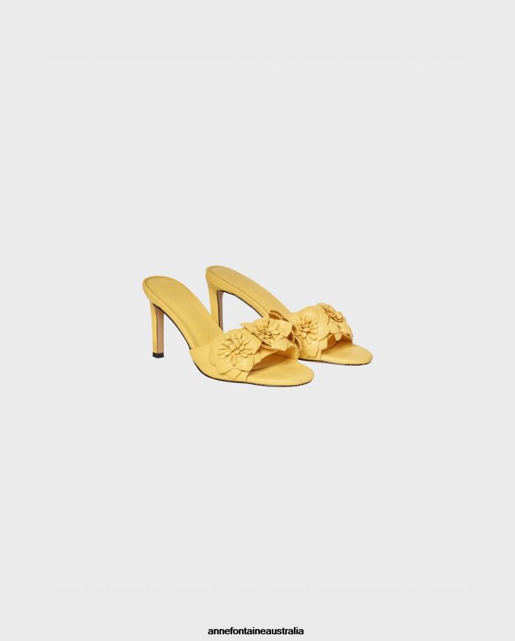 Anne Fontaine Shoes 2VZRJ34 Women Camomille Heel Leather Sandal Heels With 3D Flowers Mimosa Yellow