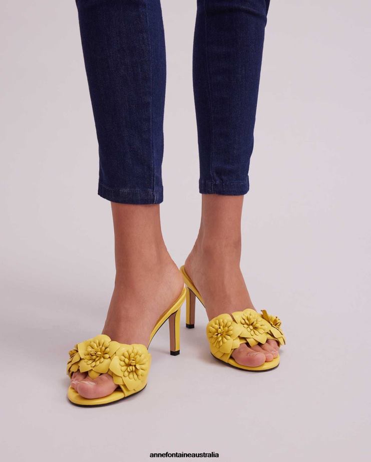 Anne Fontaine Shoes 2VZRJ34 Women Camomille Heel Leather Sandal Heels With 3D Flowers Mimosa Yellow