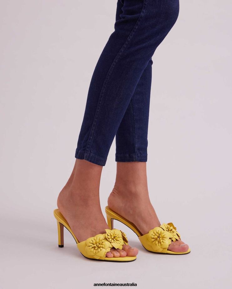Anne Fontaine Shoes 2VZRJ34 Women Camomille Heel Leather Sandal Heels With 3D Flowers Mimosa Yellow