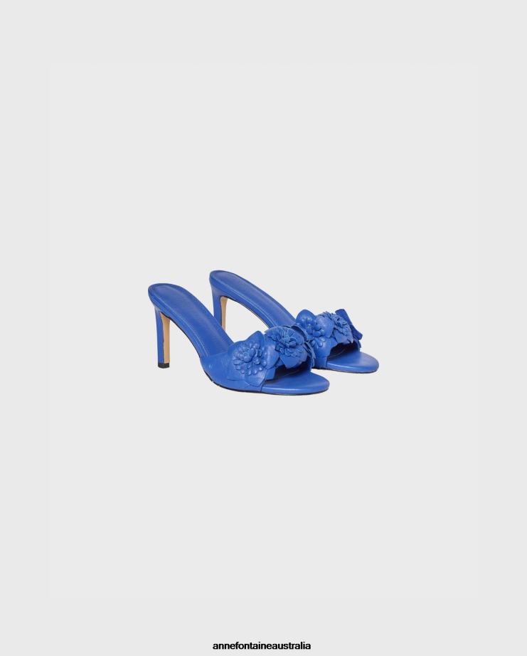 Anne Fontaine Shoes 2VZRJ36 Women Camomille Heel Leather Sandal Heels With 3D Flowers Blue