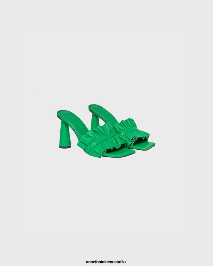 Anne Fontaine Shoes 2VZRJ39 Women Amorosa Heel Leather Slides With Ruffle Detail Green