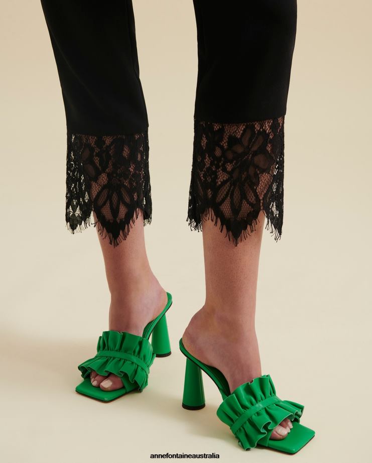 Anne Fontaine Shoes 2VZRJ39 Women Amorosa Heel Leather Slides With Ruffle Detail Green