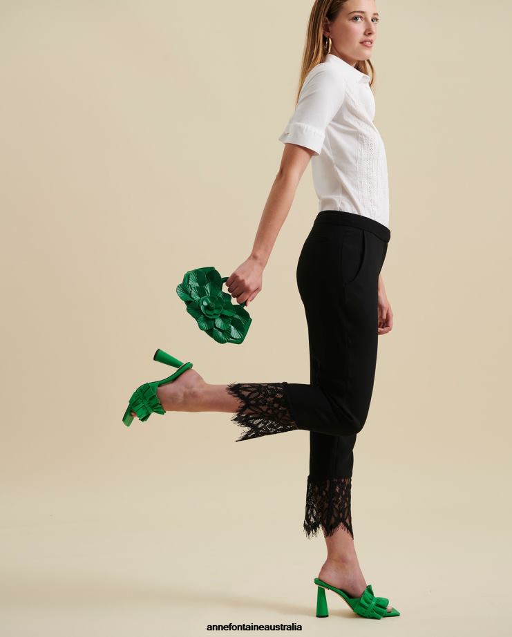 Anne Fontaine Shoes 2VZRJ39 Women Amorosa Heel Leather Slides With Ruffle Detail Green