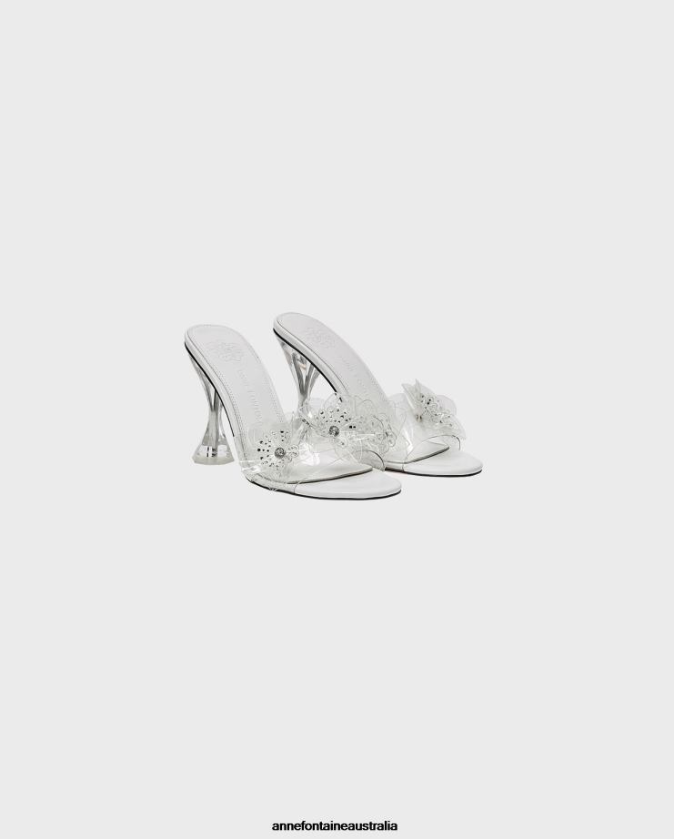 Anne Fontaine Shoes 2VZRJ43 Women Ayala Heel Leather Sandal Heels With Clear Front Strap and Rhinestone FloralDetails White
