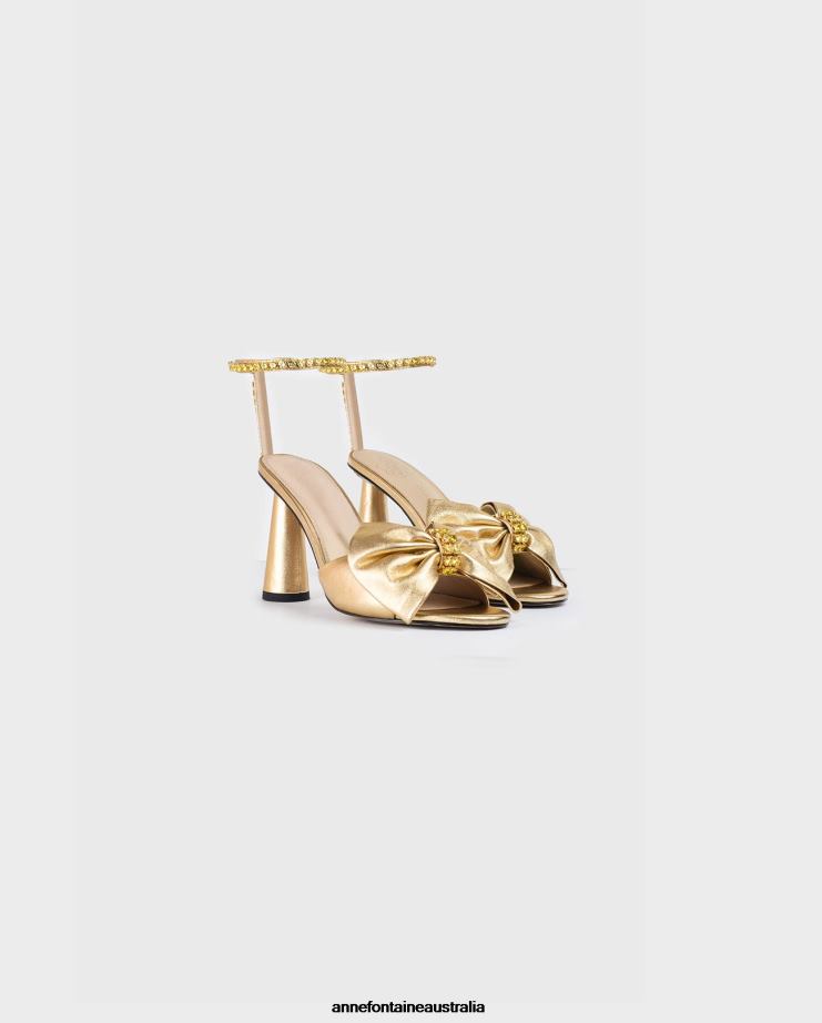 Anne Fontaine Shoes 2VZRJ50 Women Elegie Heel Open Toe Heel With Crystal Bow and Ankle Strap Gold