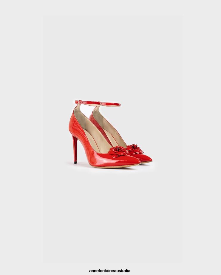 Anne Fontaine Shoes 2VZRJ55 Women Arty Heel Red Pointed Toe Patent Leather Pumps With Removable Flowers Tango Red