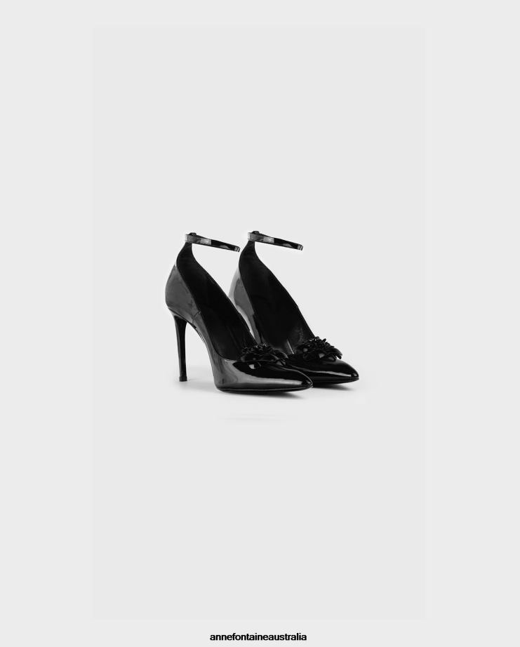 Anne Fontaine Shoes 2VZRJ56 Women Arty Heel Pointed Toe Patent Leather Pumps With Removable Flowers Black