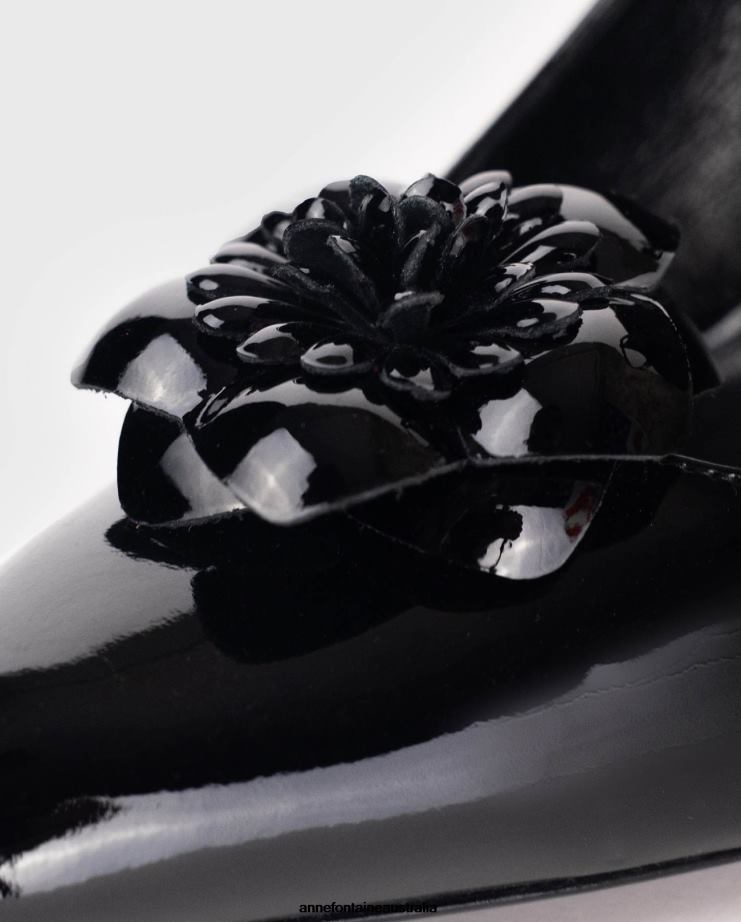 Anne Fontaine Shoes 2VZRJ56 Women Arty Heel Pointed Toe Patent Leather Pumps With Removable Flowers Black