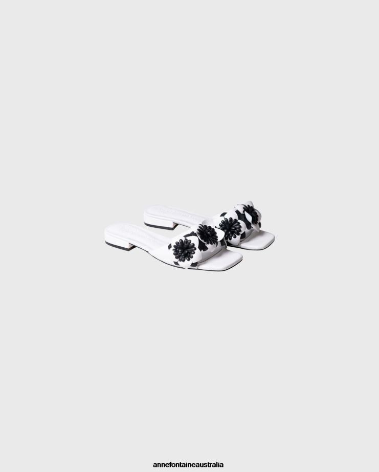 Anne Fontaine Shoes 2VZRJ18 Women Colorado Sandal Leather Flat Sandals With 3D Flowers White