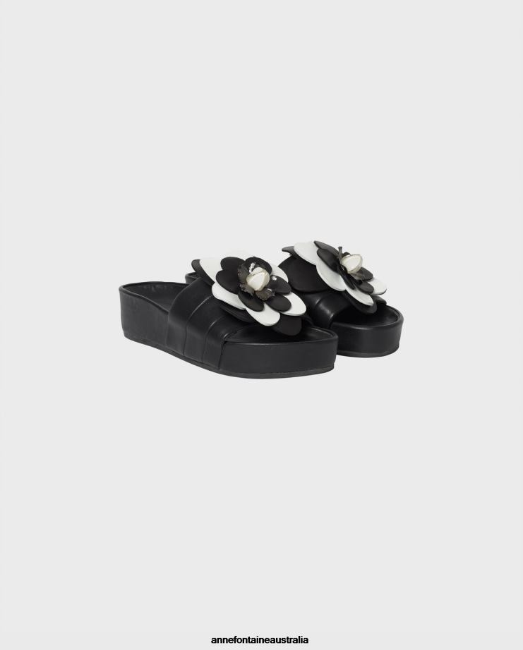Anne Fontaine Shoes 2VZRJ19 Women Weena Sandal Leather Wedge Sandals Black/White